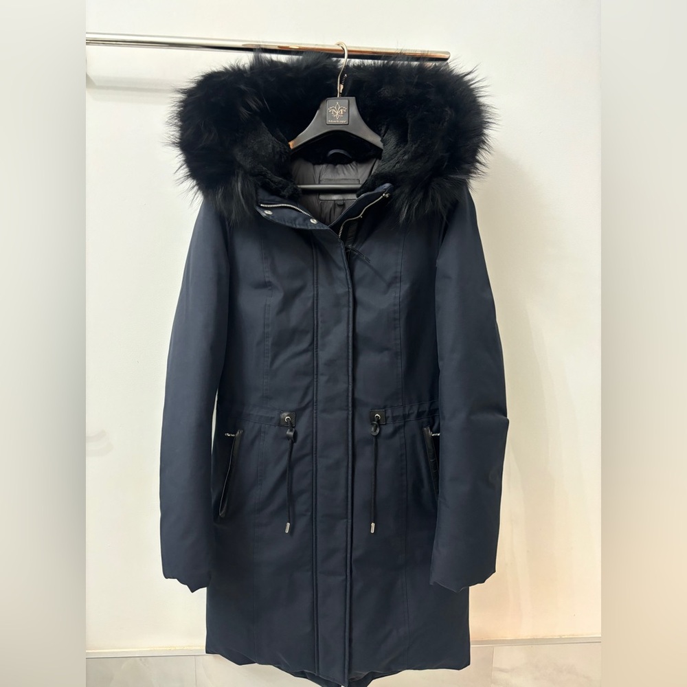 Mackage Black Hooded Puffer Coat with Fur Trim